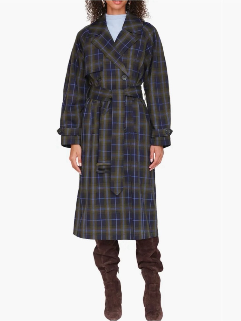 Avec Les Filles Double-Breasted Trench Coat Navy Plaid Large NWT - Picture 2 of 16